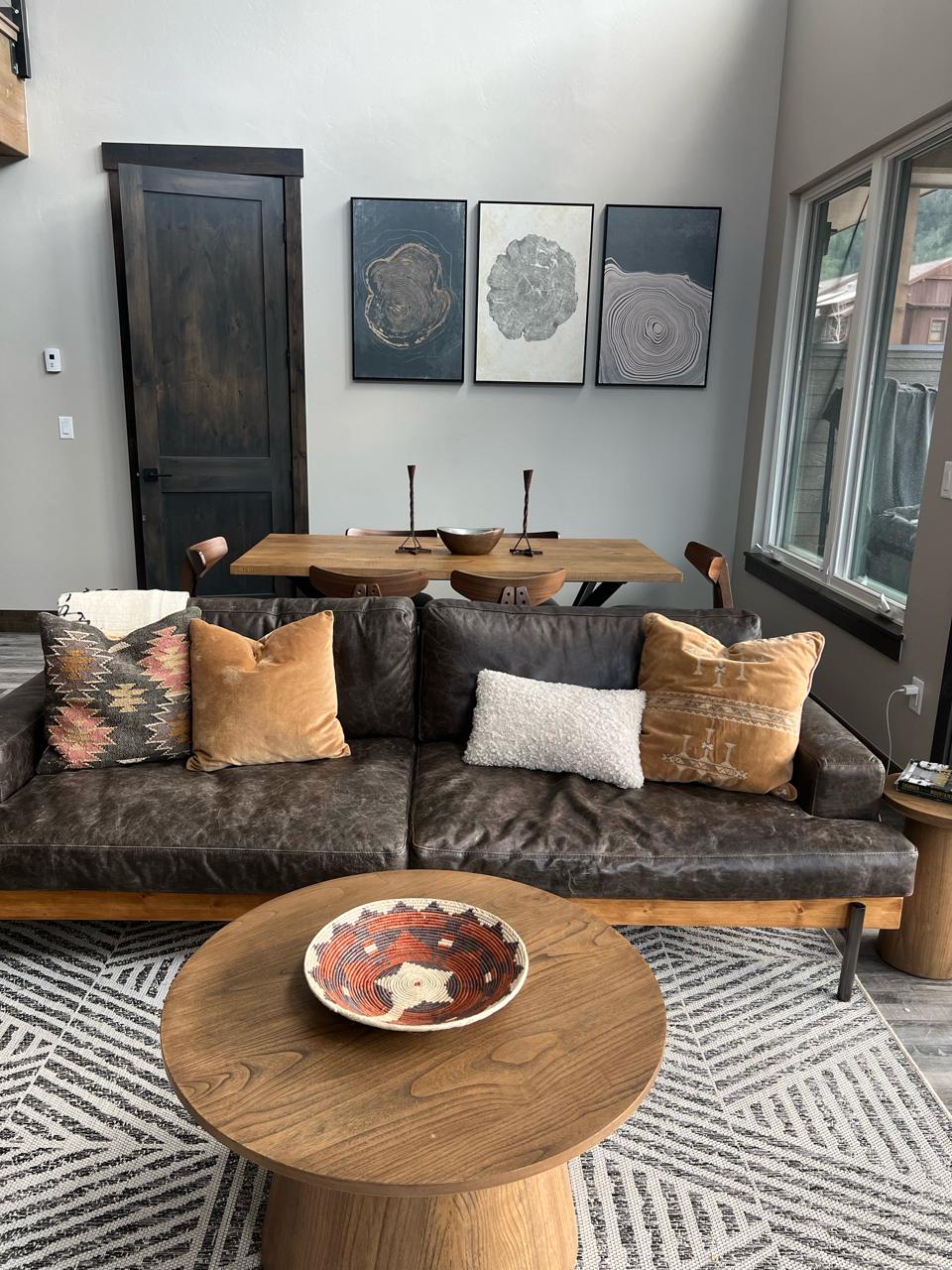 Living room leather sofa and art