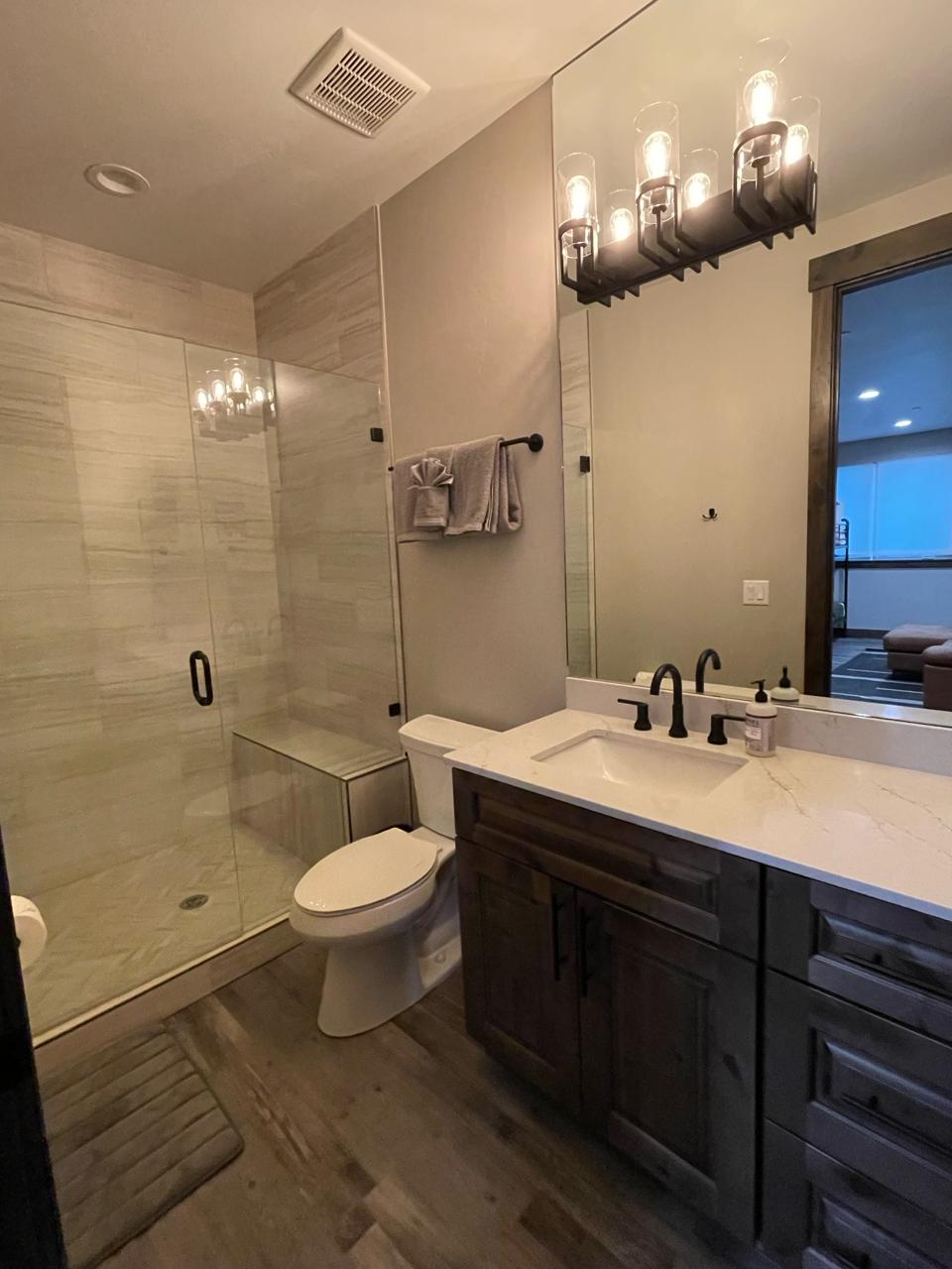 Dining area with tree-ring art