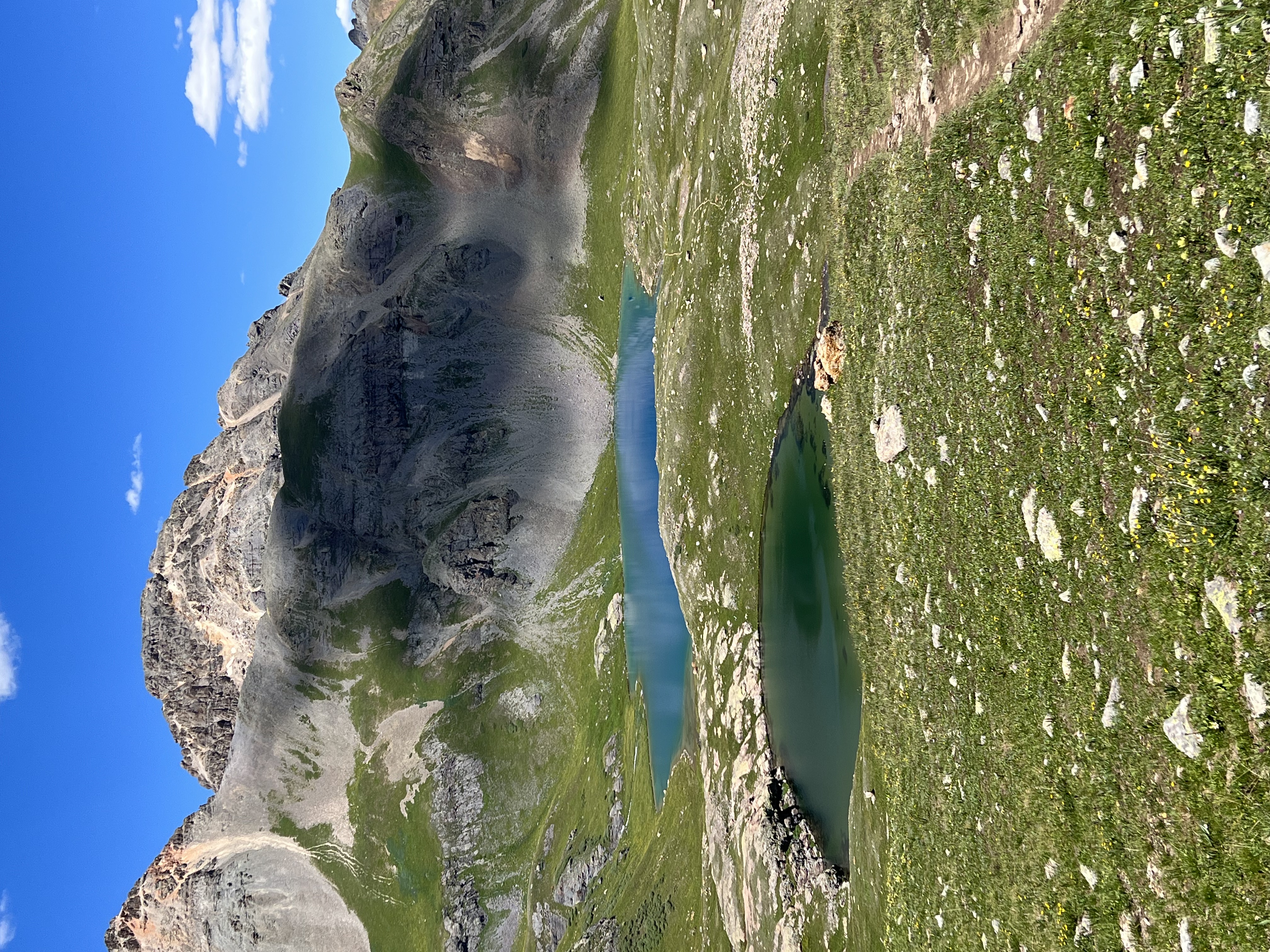 Wide view of Ice Lakes Basin with turquoise water and surrounding peaks
