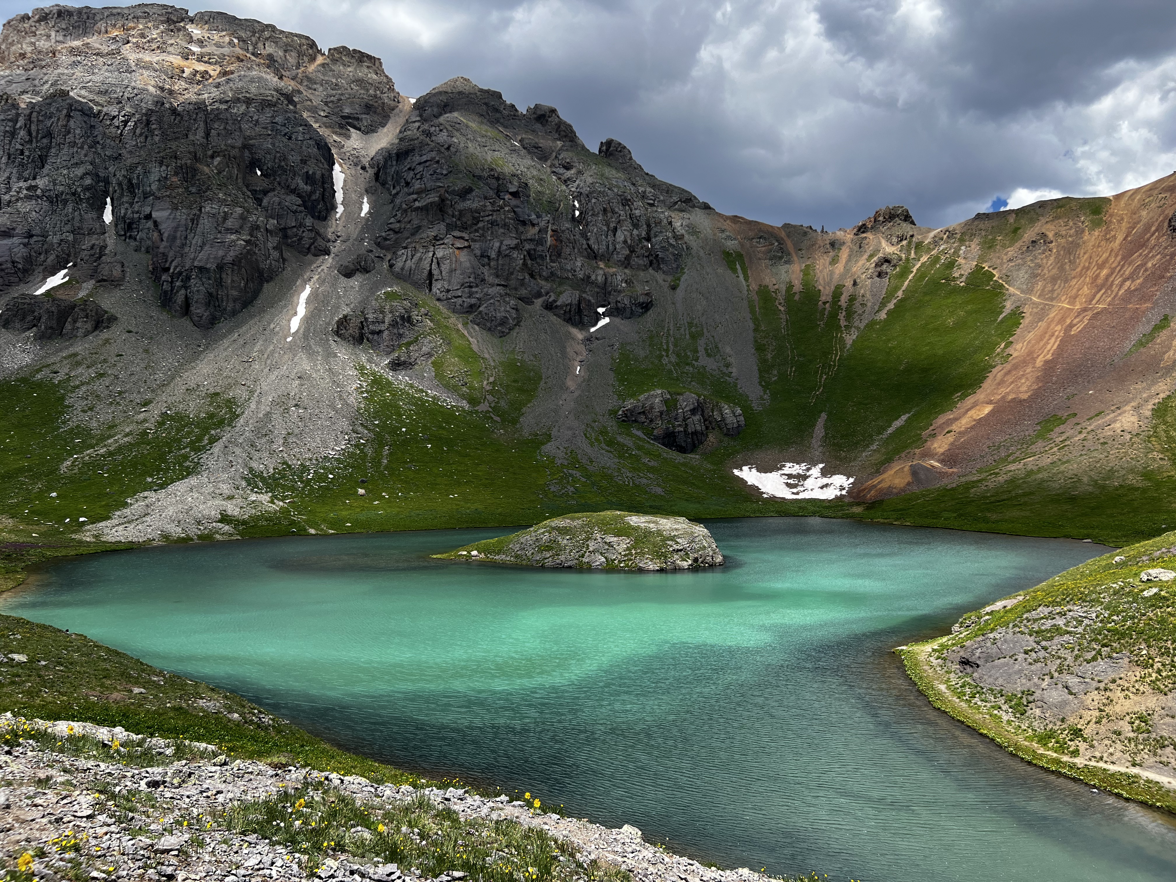 Panoramic view of alpine lake surrounded by mountains