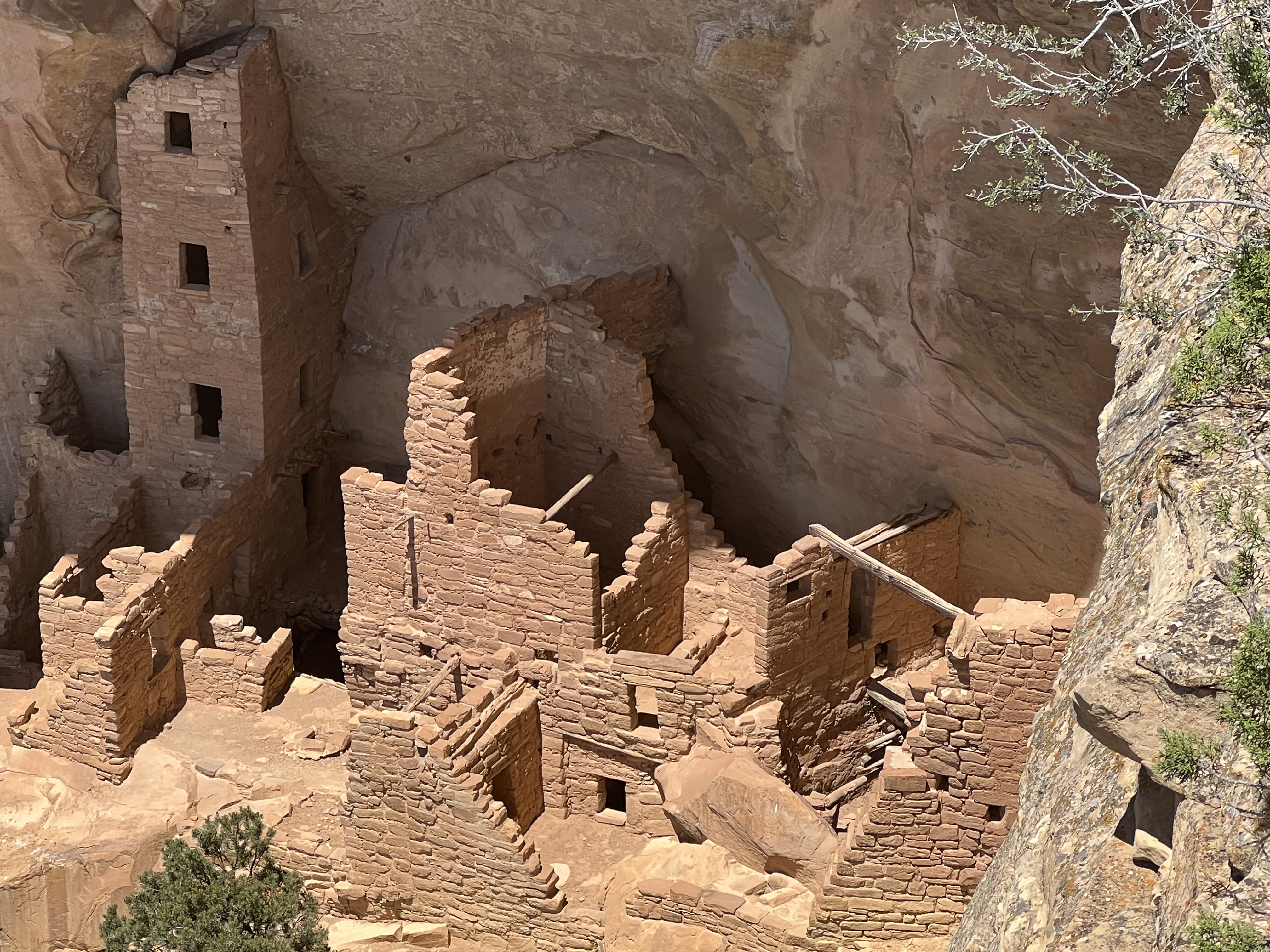 Ancient cliff dwelling structures built into sandstone cliff face